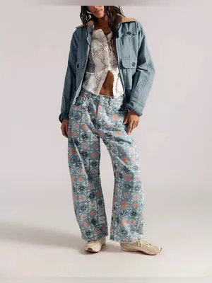NWOT Free People We The Free Good Luck Printed Barrel Jeans - Jade Combo - 26 thumbnail 4