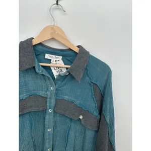 Sewn + Seen Whiskey Shacket Teal Blue‎ Cotton Gauze Mixed Media Waffle Knit Sz M thumbnail 5