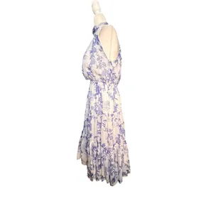 Lulus Float To‎ You White Blue Floral Halter Tiered Midi Dress Small Romantic thumbnail 6