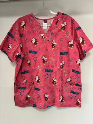 Disney Grumpy Seven Dwarfs Womens L Scrub Top Short Sleeve Pockets V Neck thumbnail 1