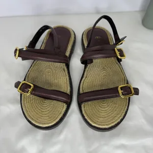 Zara Burgundy Leather Jute‎ Buckle Strappy Flat Sandals Shoes Womens 39 8.5 thumbnail 4