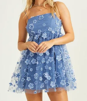Altar’d State Aurora Floral Mesh Baby Doll Dress In Blue NWT thumbnail 2