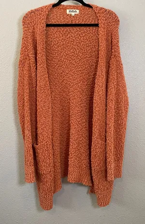 Listicle Orange Textured‎ Knit Casual Slouchy Comfy Cozy Long Duster Cardigan L thumbnail 1