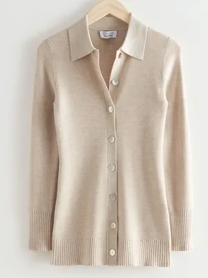 & Other Stories Wool Blend Long Fitted Ribbed Knit Collar Cardigan Beige XS thumbnail 8