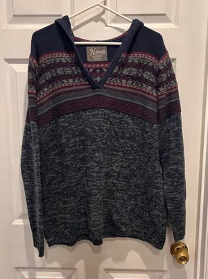 Natural Reflections Women XL Fair Isle Hooded Sweater Blue Burgundy Mixed Knit thumbnail 1