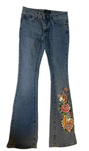 Vintage Ed Hardy Denim Bootcut Jeans Hot Pink Logo & Embroidery Ladies Sz 24 thumbnail 1