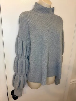 Hem & Thread Gray Ribbed Mock Neck Balloon Sleeve Sweater Size Large thumbnail 4