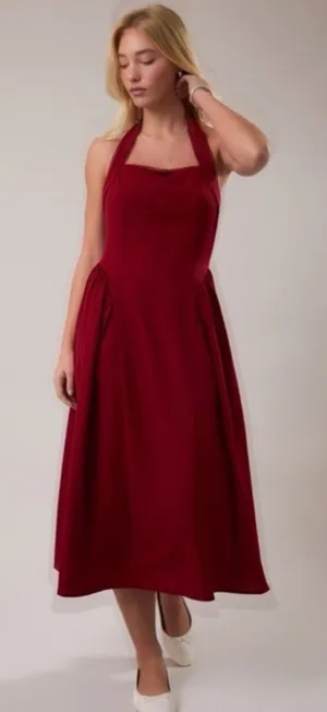 NEW Le Lis Burgundy Halter Midi Dress with Lace Trim – Small thumbnail 1