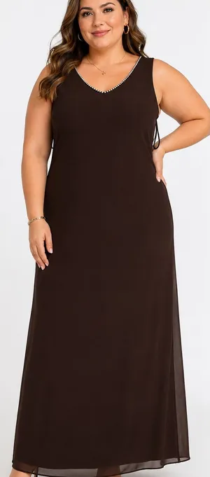Onyx Nite Brown V-Neck Maxi Dress with Rhinestone Trim thumbnail 1