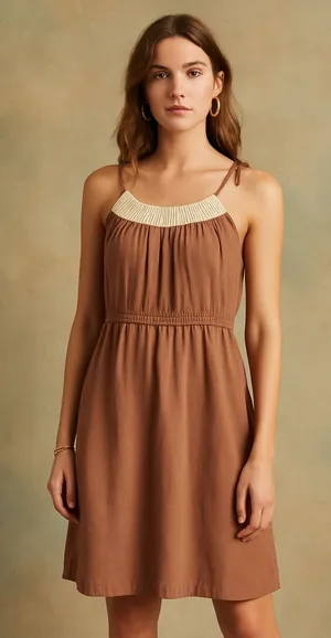 Anthropologie Left of Center Dress Women Medium‎ Brown Pleated Neck Mini Boho thumbnail 1