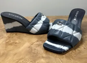 NEW Coach Emma Tie Dye Quilted Leather Wedge Sandals Navy White Size 6B CU189 thumbnail 1