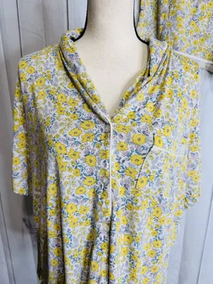 Ann Taylor Loft Sleep Pajama Top & Shorts Set Yellow Floral Sz XL Button Down thumbnail 2