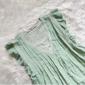 New In Sage Green Pleated Mini Dress - Linen Blend - Ruffle Sleeve - Size M thumbnail 2