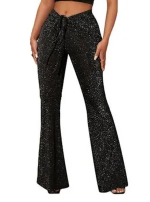 SOLY HUX Metallic Sequin Tie Front Elastic Waist Flare Leg Bottom Disco Pants XL thumbnail 1