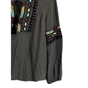 Solitaire Gray Embroidered Peasant Blouse Tassel Tie Long Sleeve Top Large thumbnail 4