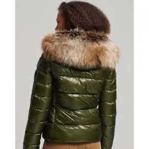 Superdry Code Sportswear High Shine Puffer Jacket Faux Fur Hood Olive Green S/10 thumbnail 2