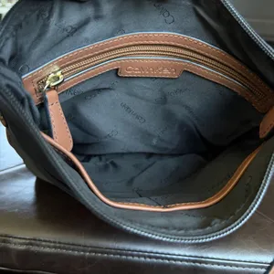 Calvin Klein Crossbody Bag Womens Medium Black Nylon Brown Trim Zip Pocket thumbnail 11