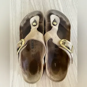 Birkenstock Tan Leather Sandals with Gold Accents thumbnail 2
