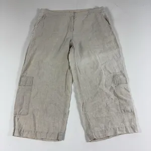 Eileen Fisher Pants Womens Large Beige Linen Cargo Wide Leg Pull On Cropped thumbnail 1
