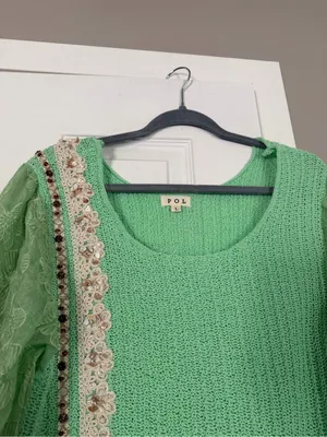 POL Mint Green Puff-Sleeve Knit Top with Lace Trim thumbnail 4