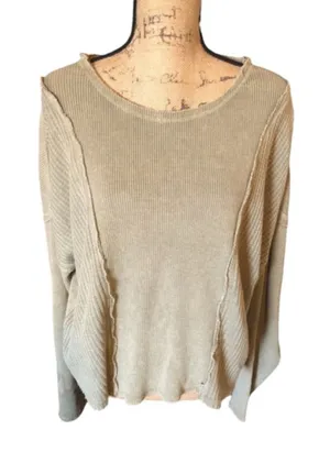 altar’d state Women’s Distressed Waffle Knit Top, Large, Tan/Olive thumbnail 1