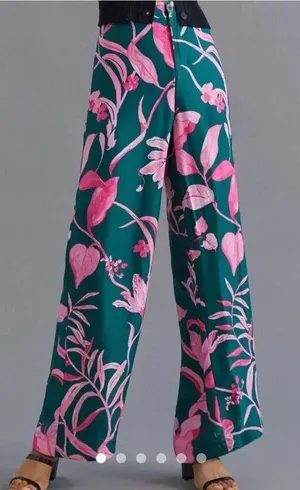 Dark Green Pink Floral Anthropologie Satin Pants thumbnail 1
