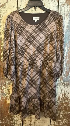 NWT 52 Seven Plaid Soft Babydoll Dress Ballon Sleeves Ruffle Hem SMALL thumbnail 1