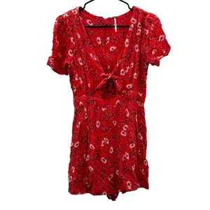 Free People Jinx Red & White Floral Print Cut Out Tie Front‎ Romper Dress Size 4 thumbnail 3