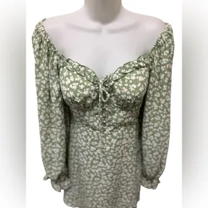 Princess Polly Love Birds Mini Milkmaid Dress Sz 6 Floral Puff Sleeve Green thumbnail 4