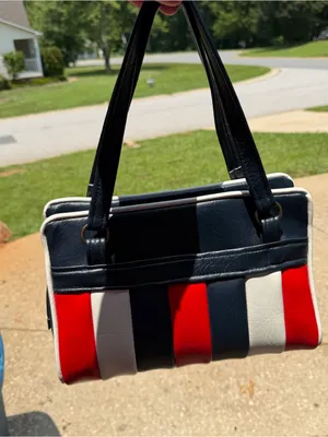 Vintage 70s Becky’s Red White Navy Striped Boxy Satchel Handbag Purse Mod thumbnail 1