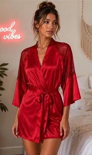 Victoria's Secret Red Satin Lace Chemise Slip Dress & Robe 2 Piece‎ Lingerie Set thumbnail 1