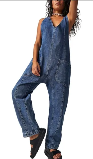 We The Free Free People High Roller Denim‎ Jumpsuit small boho Oversized layered thumbnail 1