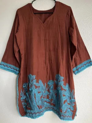 Vintage Mexican American long-sleeved Cotton tunic teal embroidered Brown floral thumbnail 1