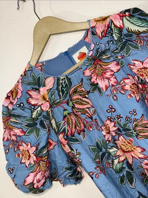 FARM Rio Blue Floral Puff Sleeve Belted Mini Dress Size S thumbnail 4