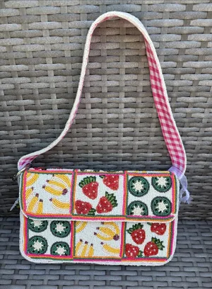 HANDMADE in Made in India Beaded Fruit lined Bag Pink thumbnail 1