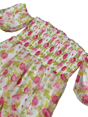 Betsey Johnson Women's Floral Off the Sleeve Smocked Chiffon Babydoll Dress XL thumbnail 6