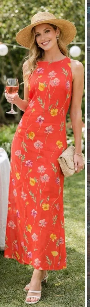 Vintage Plaza South Vibrant Floral Print Sleeveless Maxi Dress ~ Size 10💚🍄 thumbnail 1