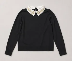 LIV Milano Black Pullover Sweater with Beaded and Pearl Embellished Collar thumbnail 1