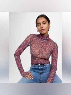 AFRM Floral Mesh Turtleneck Top Pink Blue Long Sleeve Revolve Size M thumbnail 2