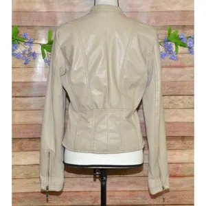 Therapy Faux Leather Moto Jacket Tan Stretch Panels Women’s Size S Zip Pockets thumbnail 7