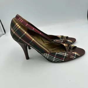 J.‎ Crew Plaid Peep Toe Heels Brown Red Green Chain Detail Stiletto Size 9.5 thumbnail 13