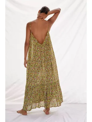 By Anthropologie Flounced Maxi Lounge Dress Citron Paisley Modal M Boho thumbnail 2