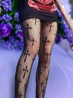 Cross Pattern Fishnet Tights, Hollow Out High Waist Mesh Pantyhose, Women's Stockings & Hosiery One Size 100% Polyester thumbnail 1