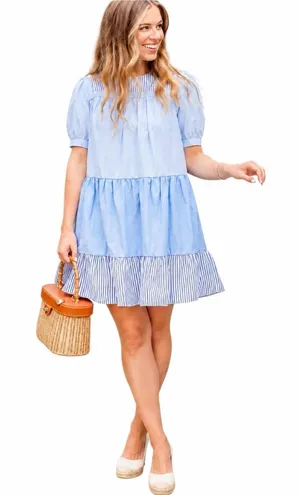English Factory - NWT Mixed Print Tiered Mini Dress Blue Sz S thumbnail 1