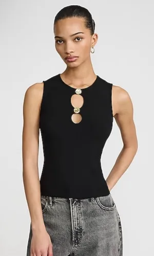 Express Black Ribbed Cutout Tank Top with Gold Buttons XL thumbnail 1