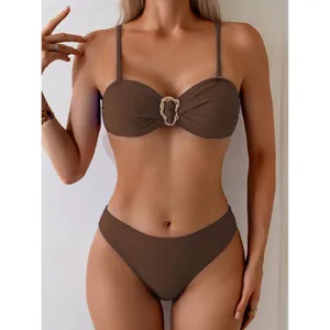 Tainehs Brown Strapless Bikini Tube Top Bandeau Mid Rise Swimsuit SMALL thumbnail 2