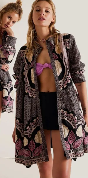 Free People Smell The Roses Mini Shirt Dress Tunic Bohemian Snap Front Medium thumbnail 1