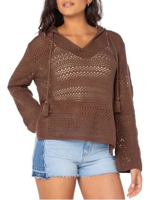 Roxy Hippie Love Open Knit Hooded Sweater Size L NWT (25” PTP) Mocha thumbnail 1