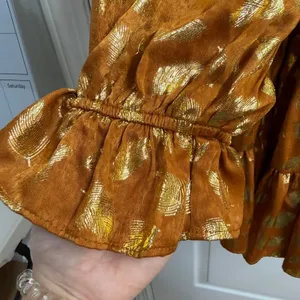 NEW Aeom copper gold leaf smocked tiered puff sleeve‎ babydoll mini dress small thumbnail 2
