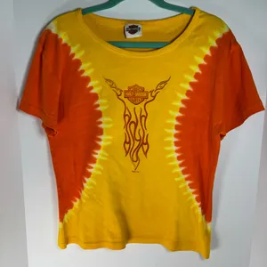 Vintage 2004 Harley Davidson Women’s Large Tshirt Tie Dye Orange Yellow thumbnail 1